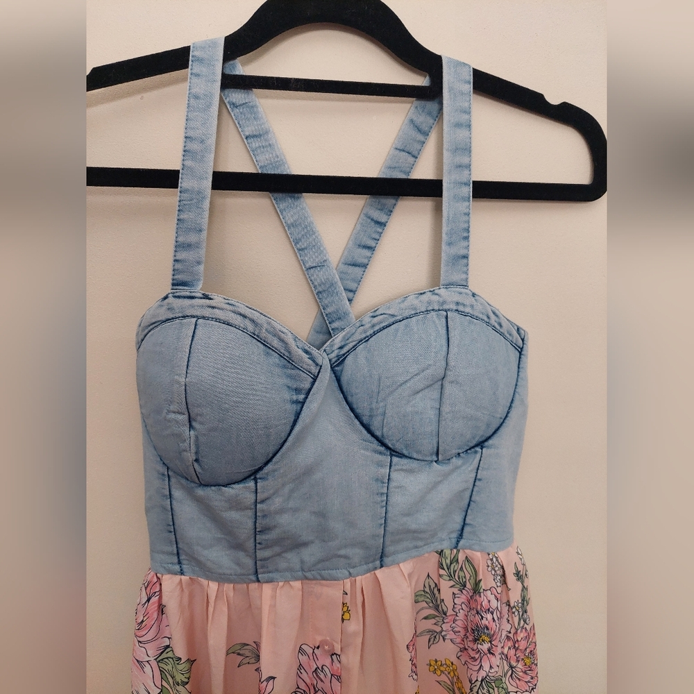 Band of Gypsies Blue Denim Bodice Pink Floral Maxi Dress - Picture 3 of 9